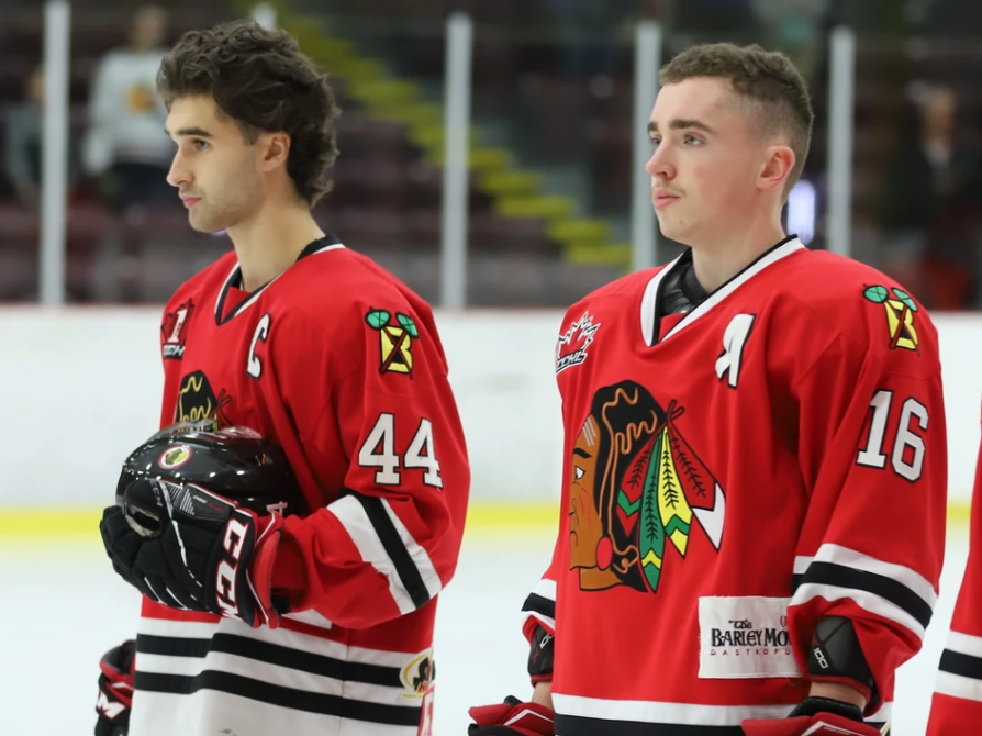 Brockville starters Thomas Haynes (left) and Lucas Culhane before the Braves-Colts game at the Memorial Centre on Friday, Oct. 21. Haynes and Culhane scored in Brockville's 4-1 win in Cornwall on Thursday, Oct. 27 to sweep the home-and-home. Tim Ruhnke