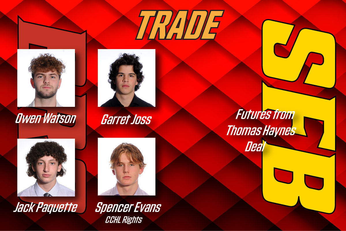 Graphic showing the trade - Braves acquire Owen Watson, Garrett Joss, Jack Paquette and CCHL Rights to Spencer Evans. Smiths Falls side shows "Futures from Thomas Haynes Deal"